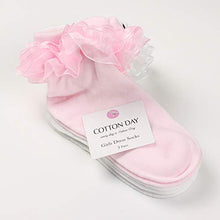 Load image into Gallery viewer, COTTON DAY Dressy Ruffle Lace Turn Cuff Socks For Kids Toddler Little Girls (Pink White White, L: Shoe Size 13.5-3.5)