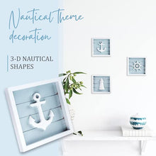 Load image into Gallery viewer, TideAndTales Nautical Wall Decor Set of 3 (7"x7") Rustic Beach Decor with 3D Anchor, Lighthouse and Ship Wheel | Wooden Beach Bathroom Decor | Ocean Coastal Theme Decorations for Home Nautical Gifts