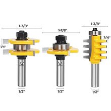 Load image into Gallery viewer, TOOLDO Tongue and Groove Router Bit & Reversible Finger Joint Router Bit, Jointing Bit Set 1/2 Inch Shank Set (Pack of 3). Parallel Angle Joint Set, for Hardwood Floor