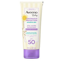 Load image into Gallery viewer, Aveeno Baby Continuous Protection Zinc Oxide Mineral Sunscreen Lotion for Sensitive Skin, Broad Spectrum SPF 50, Tear-Free, Sweat- & Water-Resistant, Paraben-Free, Non-Greasy, 7 fl. oz