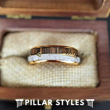 Load image into Gallery viewer, 14K Gold Ring Mens Antler Wedding Band with Koa Wood and Arrow Inlay 8mm Tungsten Deer Antler Rings for Men Rustic Wooden Boho Anniversary Gifts