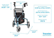Load image into Gallery viewer, NOVA Traveler 3 Wheel Rollator Walker, All Terrain 8” Wheels, Includes Bag, Basket and Tray, Diamond Sky Blue