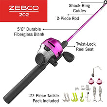 Load image into Gallery viewer, Zebco 202 Spincast Reel and Fishing Rod Combo, 5-Foot 6-Inch 2-Piece Fishing Pole, Size 30 Reel, Right-Hand Retrieve, Pre-Spooled with 10-Pound Zebco Line, Includes 27-Piece Tackle Kit, Pink