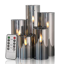 Load image into Gallery viewer, Eywamage Grey Glass Flameless Candles with Remote, Flickering Slim Tall LED Wax Candles, Battery Operated Pillar Votive Candles Set of 5