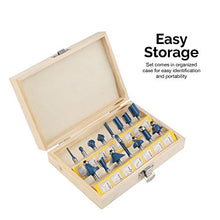 Load image into Gallery viewer, Hiltex 10100 Tungsten Carbide Router Bits, 15 Piece Router Bit Set, 1/4” Shank Tungsten Carbide Router Bits, Router Bits for Woodworking on Wood