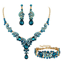 Load image into Gallery viewer, EVER FAITH Crystal Bridal Jewelry Set Art Deco Vintage Costume Floral Teardrop Necklace Earrings Bracelet for Woman Sky Blue Gold-Tone