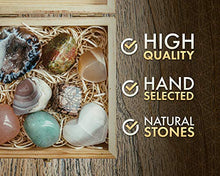 Load image into Gallery viewer, Crystalya Premium Grade Crystals and Healing Stones in Wooden Box for Fertility, New Moon, Meditation - Rose Quartz, Unakite, Rhodonite, Moonstone, Occo Geode, Selenite, Gemstones + Info Guide