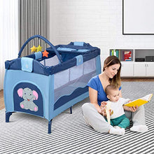 Load image into Gallery viewer, BABY JOY Portable Baby Playard, 3 in 1 Foldable Reversible Napper and Changer, Portable Playard Travel Bassinet Bed with Hanging Toys, 2 Lockable Wheels Diaper Changing Table (Blue)