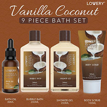 Load image into Gallery viewer, Bath and Body Gift Basket For Women and Men – 9 Piece Set of Vanilla Coconut Home Spa Set, Includes Fragrant Lotions, Extra Large Bath Bombs, Coconut Oil, Luxurious Bath Towel & More