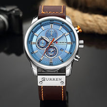 Load image into Gallery viewer, Men Leather Strap Military Watches Men's Chronograph Waterproof Sport Wrist Date Quartz Wristwatch Gifts (Silver Blue)
