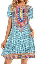Load image into Gallery viewer, Women Boho Dresses Summer Vintage Printed Ethnic Style Sundress Shift Short Sleeves Pocket(Light Blue Boho,L)