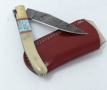 Load image into Gallery viewer, Damascus Knives Laguiole Style Pocket Knife White Bone & Turquoise Handle With Leather Sheath Made in Ancient Persian Indus Valley