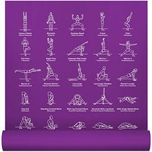 Load image into Gallery viewer, NewMe Fitness Instructional Yoga Mat, Purple - Printed w/ 70 Illustrated Poses, 24” Wide x 68” Long, for Women & Men : Non Slip, Eco Friendly PVC, Non Toxic : for Home or Gym : 5mm Thick