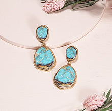 Load image into Gallery viewer, BONALUNA Bohemian Wood And Marble Effect Oval Shaped Drop Statement Earrings (TURQUOISE)