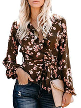 Load image into Gallery viewer, Womens Floral Chiffon Tops V Neck Bell Long Sleeve Shirts Ruffle Wrap Tie Waist Knot Blouses Brown