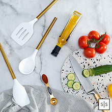 Load image into Gallery viewer, White Silicone and Gold Cooking Utensils for Modern Cooking and Serving, Stainless Steel Gold Serving Utensils - Spatulas for Non Stick Cookware