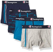 Load image into Gallery viewer, Champion Boys' Everyday Comfort Cotton Stretch Boxer Briefs 4-Pack, Navy/Teal/Grey Assortment, X Large