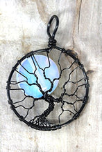 Load image into Gallery viewer, Tree of Life Pendant Opalite Moonstone Full Moon Black Wire Wrapped Halloween Jewelry Spooky Tree Necklace