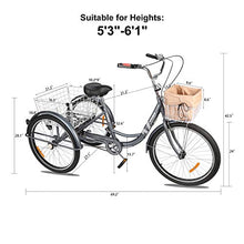 Load image into Gallery viewer, Viribus Adult Tricycle Three Wheel Trike Bike Single Speed Hybrid Cargo Cruiser with Removable Wheeled Basket for Shopping or Dogs Dustproof Bag Exercise Bike for Men Women Bicycle Bell (Gray1, 24")