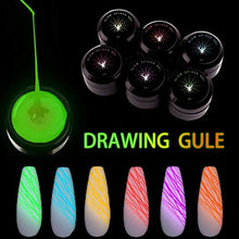 Load image into Gallery viewer, Spider Gel for Nail Art Glow in The Dark Drawing Glue 6 Colors Nail Art Wire Drawing Gel for Line with Gel Paint Design Nail Art Kit with Draw Brush