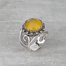 Load image into Gallery viewer, 925 Sterling Silver Yellow Chalcedony Round Filigree Paisley Ring (Size 6-10) (7)