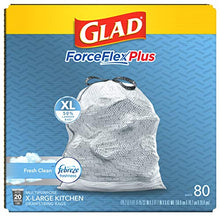 Load image into Gallery viewer, Glad ForceFlexPlus XL Grey Kitchen Drawstring Trash Bags, Febreze, 20 Gal, 80 Ct (Package May Vary)