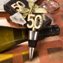 Load image into Gallery viewer, Fashioncraft 50th Anniversary Birthday Wine Bottle Opener with Stopper Gift Set Favors with Card, 50th Golden Design