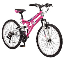 Load image into Gallery viewer, Mongoose Exlipse Full Dual-Suspension Mountain Bike for Kids, Featuring 15-Inch/Small Steel Frame and 21-Speed Shimano Drivetrain with 24-Inch Wheels, Kickstand Included, Pink