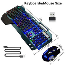 Load image into Gallery viewer, Wireless Gaming Keyboard and Mouse,Rainbow Backlit Rechargeable Keyboard Mouse with 3800mAh Battery Metal Panel,Removable Hand Rest Mechanical Feel Keyboard and 7 Color Gaming Mute Mouse for PC Gamers