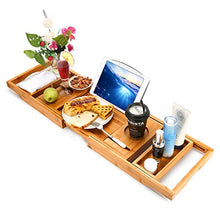 Load image into Gallery viewer, Hossejoy Bathtub Caddy Tray& Laptop Desk with Foldable Legs, 2 in 1 Wisdom Design – Luxurious Bathtub Caddy with Extending Sides, Tablet Holder, Reading Rack,Cellphone Tray and Wine Glass Holder