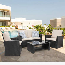 Load image into Gallery viewer, Shintenchi 4 Piece Outdoor Patio Furniture Sets, Wicker Rattan Sectional Sofa Couch with Glass Coffee Table for Backyard, Porch, Garden and Poolside Outdoor Patio Conversation Sets, Black