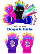 Load image into Gallery viewer, The Noodley Purple Small Toy Light Up Children LED Gloves Girls and Boys Funky Flashing Orange, Pink, and Blue - Kid Sized Ages 4,5,6,7 Year olds (Small, Purple)