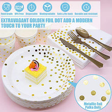 Load image into Gallery viewer, White and Gold Party Supplies 350PCS Disposable Dinnerware Set - White Paper Dinner/Dessert Plates Napkins Cups, Gold Plastic Forks Knives Spoons for Birthday Graduation Fathers Day Independence Day