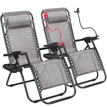 Load image into Gallery viewer, Set of 2 Zero Gravity Outdoor Lounge Chairs w/Cup Holder with Mobile Device Slot Adjustable Folding Patio Reclining Chairs W/Snack Tray + Phone Holder