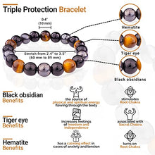 Load image into Gallery viewer, Triple Protection Bracelet for Women and Men - Bring Prosperity, Good Luck - with 10mm Crystal Beads of Hematite, Black Obsidian, Tiger Eye - Stone Bracelets