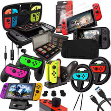 Load image into Gallery viewer, Switch Accessories Bundle - Orzly Geek Pack for Nintendo Switch: Case & Screen Protector, Joycon Grips & Racing Wheels, Switch Controller Charge Dock, Comfort Grip Case & More - JetBlack