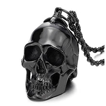 Load image into Gallery viewer, COOLSTEELANDBEYOND Large Stainless Steel Black Skull Pendant Necklace for Men High Polished with 30 Inches Wheat Chain