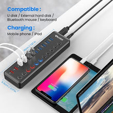 Load image into Gallery viewer, Powered USB 3.0 Hub, Wenter 11-Port USB Data Hub Splitter with 4 Smart Charging Ports and Individual LED On/Off Switches and 12V/3A Power Adapter USB Extension for Mac,Windows,Chrome & Linux OS