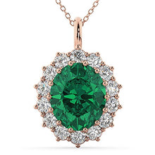 Load image into Gallery viewer, Women's Oval Emerald and Diamond Halo Pendant Necklace 14k Rose Gold (6.40ct)
