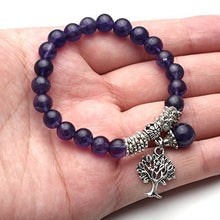 Load image into Gallery viewer, Top Plaza Stretch Amethyst Tree of Life Lucky Stone Bracelet Reiki Healing Crystal Gemstone Dangle Charms Pendant Birthstone Bracelet(6.2")