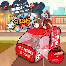 Load image into Gallery viewer, Fire Truck Tent with Sound Button for Kids Toddlers Boys & Girls - Red Fire Engine Pop Up Pretend Playhouse Indoors & Outdoors - Quick Set Up Weather Proof Fabric Foldable & Spacious β Great Gift Idea