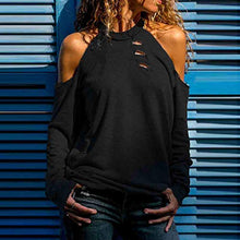 Load image into Gallery viewer, Wave Cold Shoulder Ripped Sleeve T-Shirt Women Sexy Ripped Long Sleeve T-Shirt Solid Color Loose Top Black M