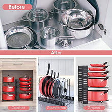 Load image into Gallery viewer, Pan Organizer Rack for Cabinet, Pot Rack with 3 DIY Methods, Adjustable Pots and Pans Organizer under Cabinet with 8 Tiers, Large & Small Pot Organizer Rack for Cabinet Kitchen Cookware Organizer