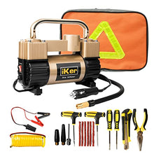 Load image into Gallery viewer, iKer Portable Air Compressor Pump Heavy Duty Tire Inflator for Car,Truck,SUV Tires,12V 70L/Min Double Cylinders Metal Air Pump 150PSI with Battery Clamp,11.5ft Extension Air Hose and Tire Repair Kit