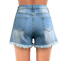 Load image into Gallery viewer, roswear Women's Button Fly Raw Hem Mid Rise Ripped Jean Shorts Blue X-Large