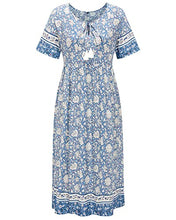 Load image into Gallery viewer, Arach&Cloz Women's Boho Tie Neck Printed Short Sleeve Floral Summer Loose Tassels Casual Midi Dress with Pockets (Floral02,XL)