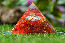 Load image into Gallery viewer, Crocon Red Onyx Orgone Pyramid | Flower of Life | Energy Generator | Chakra Balancing | Reiki Healing | Aura Cleansing | Meditation | Good Luck| Size 2.5-3 Inche