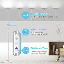 Load image into Gallery viewer, TROND LED Torchiere Floor Lamp, Modern Sky Tall Dimmable Lamp 30W, 5500K Natural Daylight, Max. 5000lm, 71-Inch, 30-Min Timer, Standing Pole Uplight for Living Room Bedroom Office, Silver