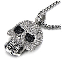 Load image into Gallery viewer, COOLSTEELANDBEYOND Steel Large Sugar Skull Pendant Necklace for Men Women with Cubic Zirconia and 30 inches Wheat Chain