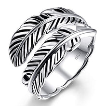 Load image into Gallery viewer, AVECON 925 Sterling Silver Adjustable Feather Ring Vintage Statement Leaf Ring for Women Men